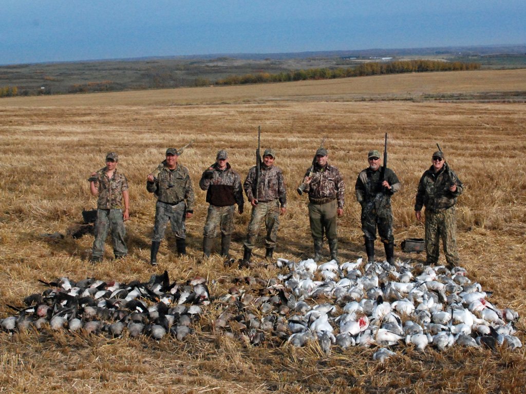 Hunters with ducks and geese in Alberta Canada